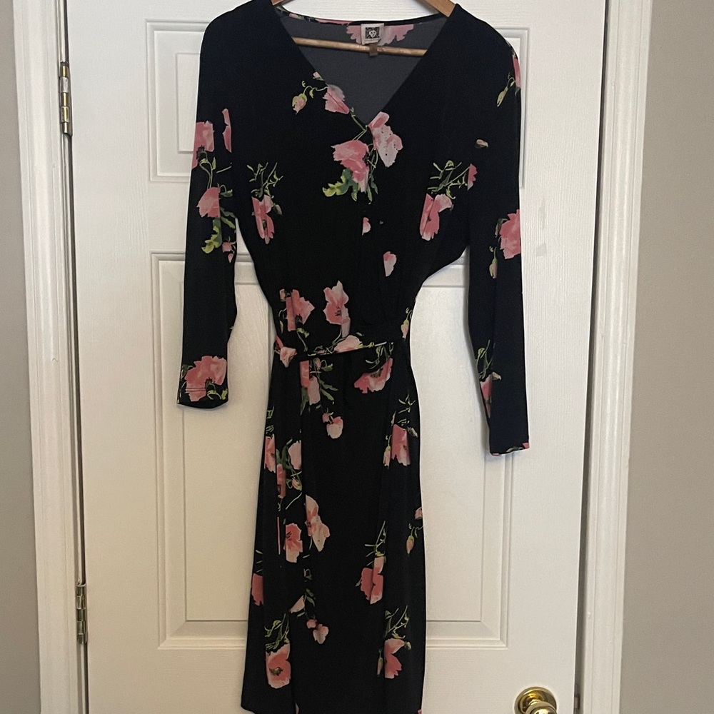Anne Klein Floral Wrap Dress Black with Pink Bloom
